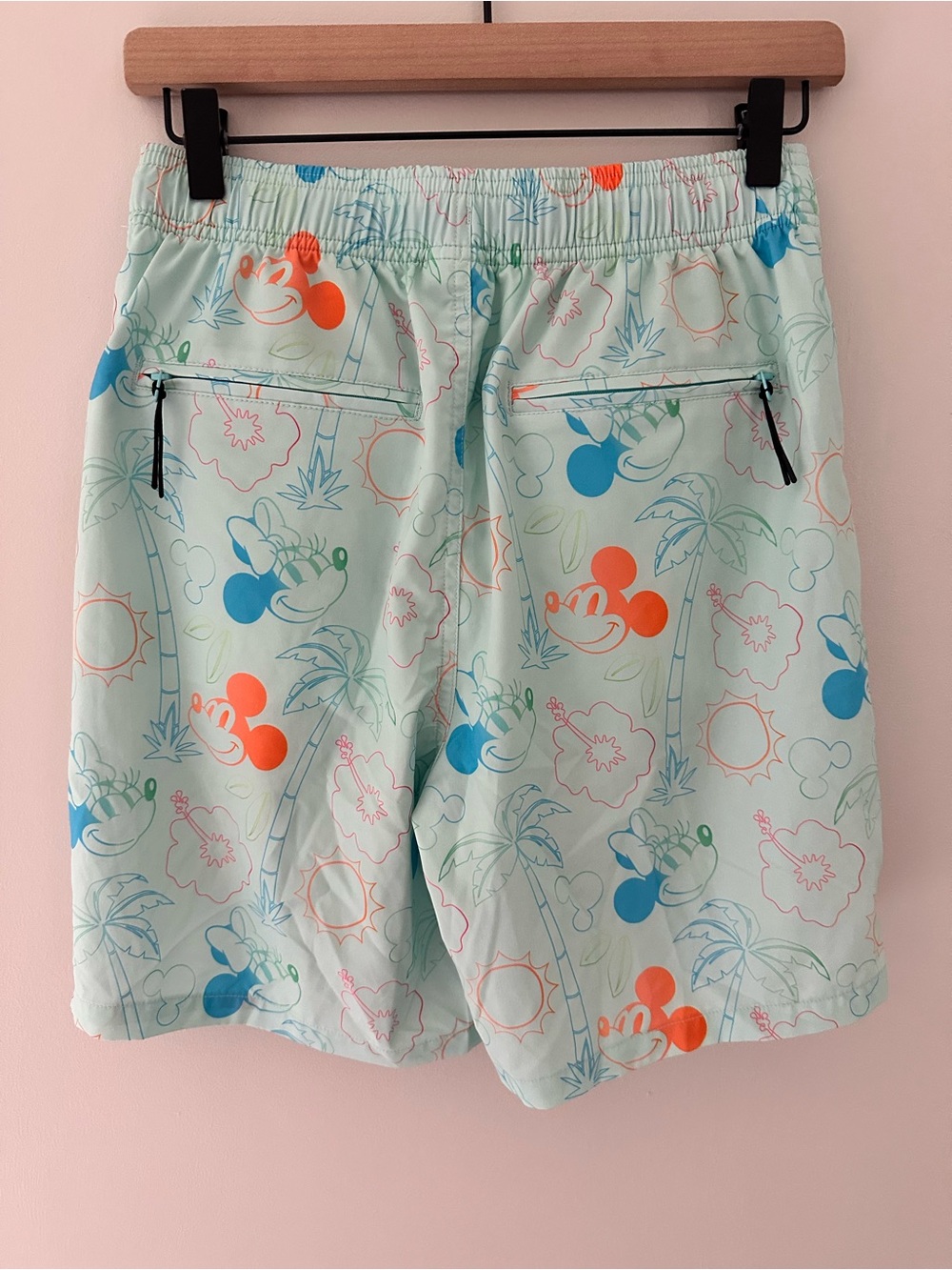Disney Men’s Light Mint Blue Athletic Shorts with Orange & Blue Mickey Print - Picture 3 of 7